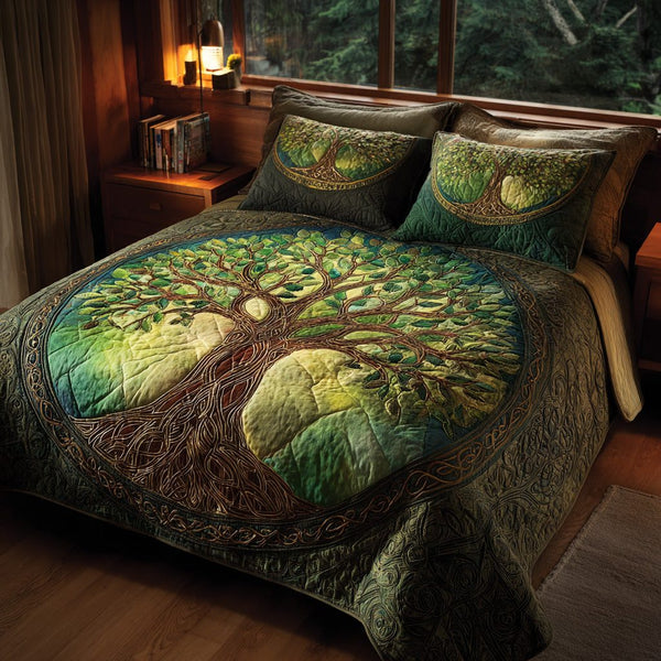 Emerald Circle quilted 3-piece bedding set on a made bed with two matching pillow shams