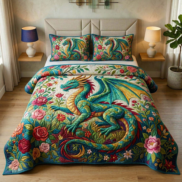 Emerald Dragon quilted 3-piece bedding set on a made bed with two matching pillow shams