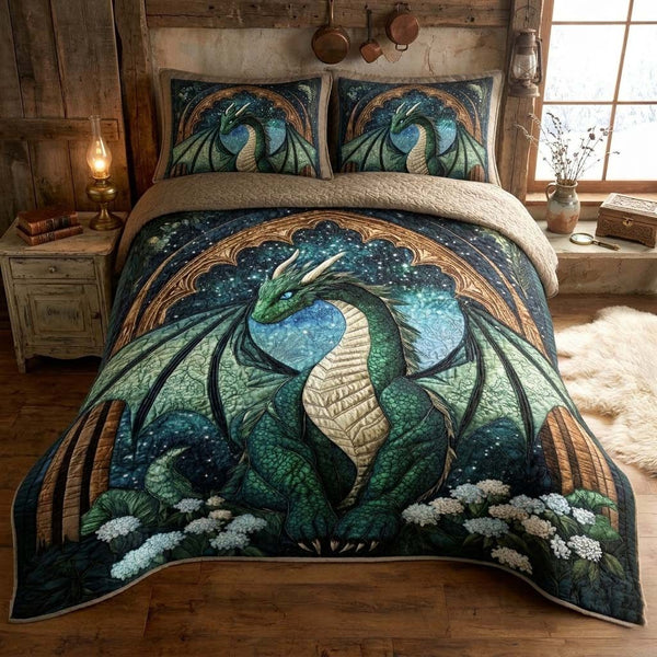 Emerald Dragon Realm quilted 3-piece bedding set on a made bed with two matching pillow shams