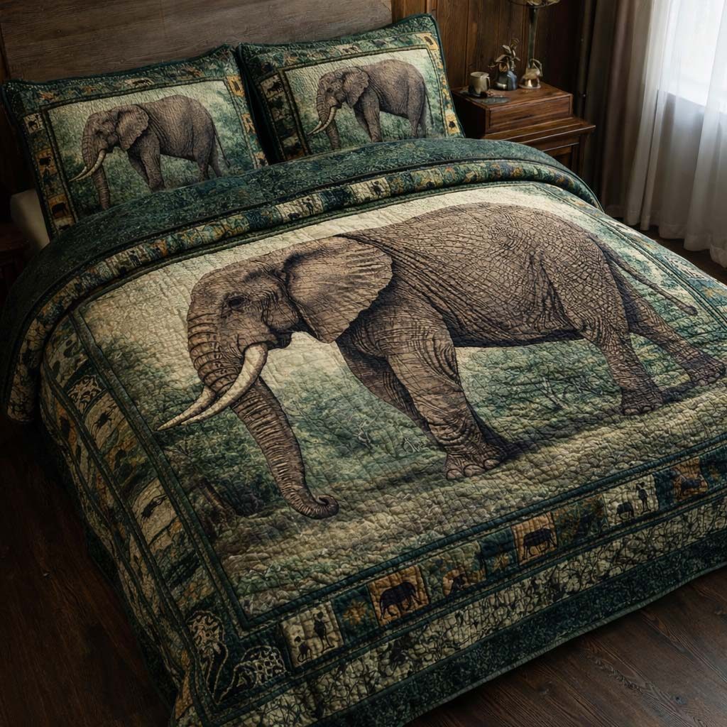 Emerald Elephant quilted 3-piece bedding set on a made bed with two matching pillow shams