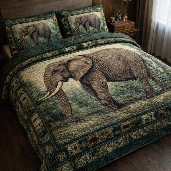 Emerald Elephant quilted 3-piece bedding set on a made bed with two matching pillow shams
