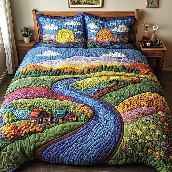 Emerald Escape quilted 3-piece bedding set on a made bed with two matching pillow shams