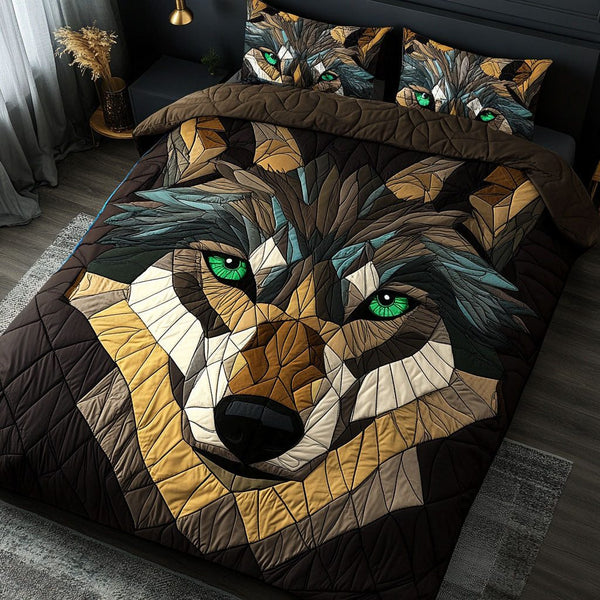 Emerald Eyes quilted 3-piece bedding set on a made bed with two matching pillow shams