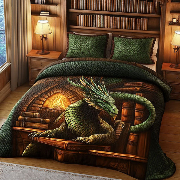 Emerald Flame Guardian quilted 3-piece bedding set on a made bed with two matching pillow shams