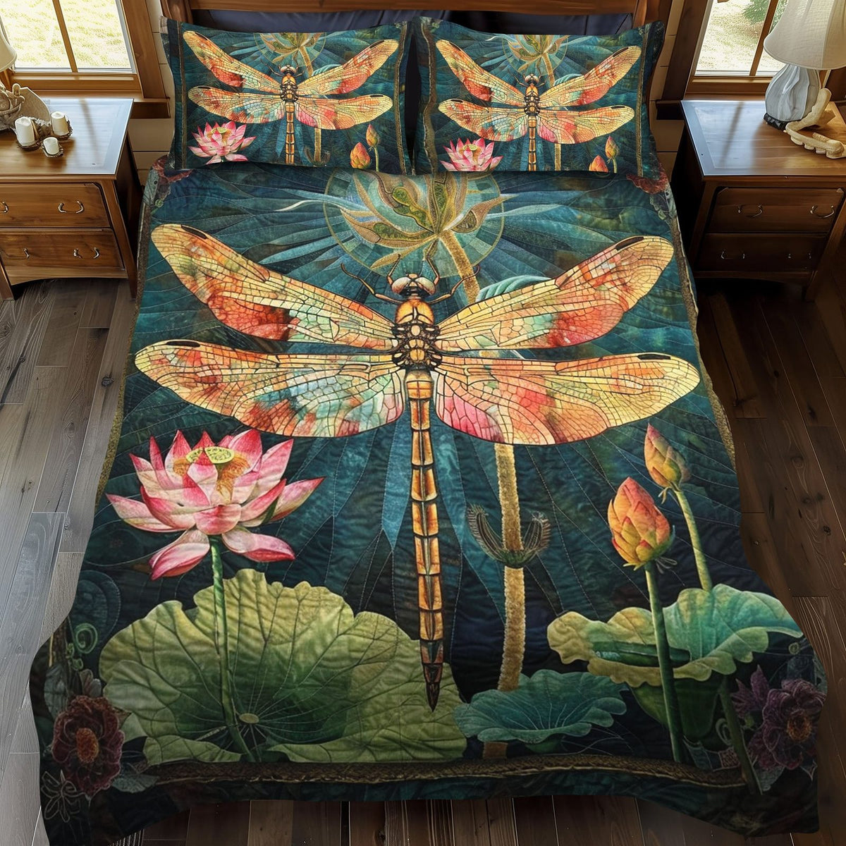 Emerald Flutter quilted 3-piece bedding set on a made bed with two matching pillow shams