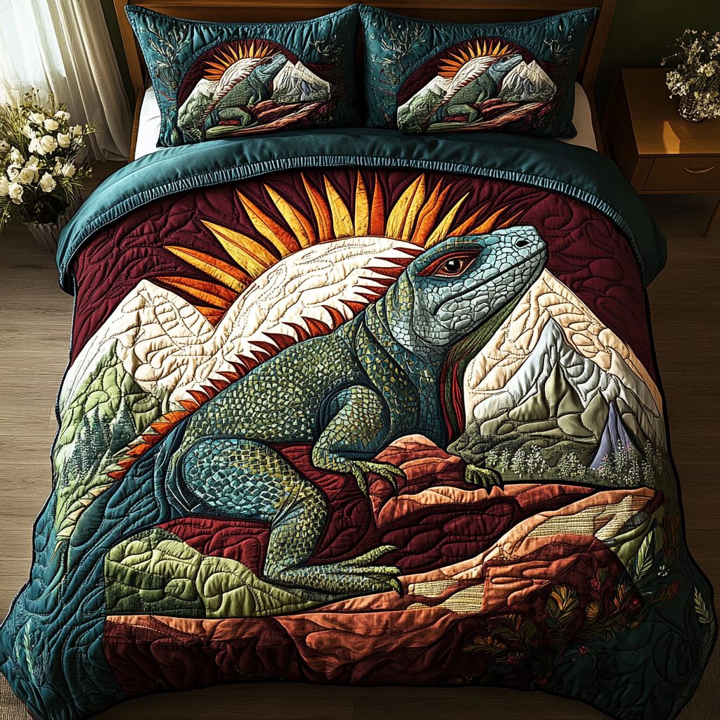 Emerald Gaze quilted 3-piece bedding set on a made bed with two matching pillow shams