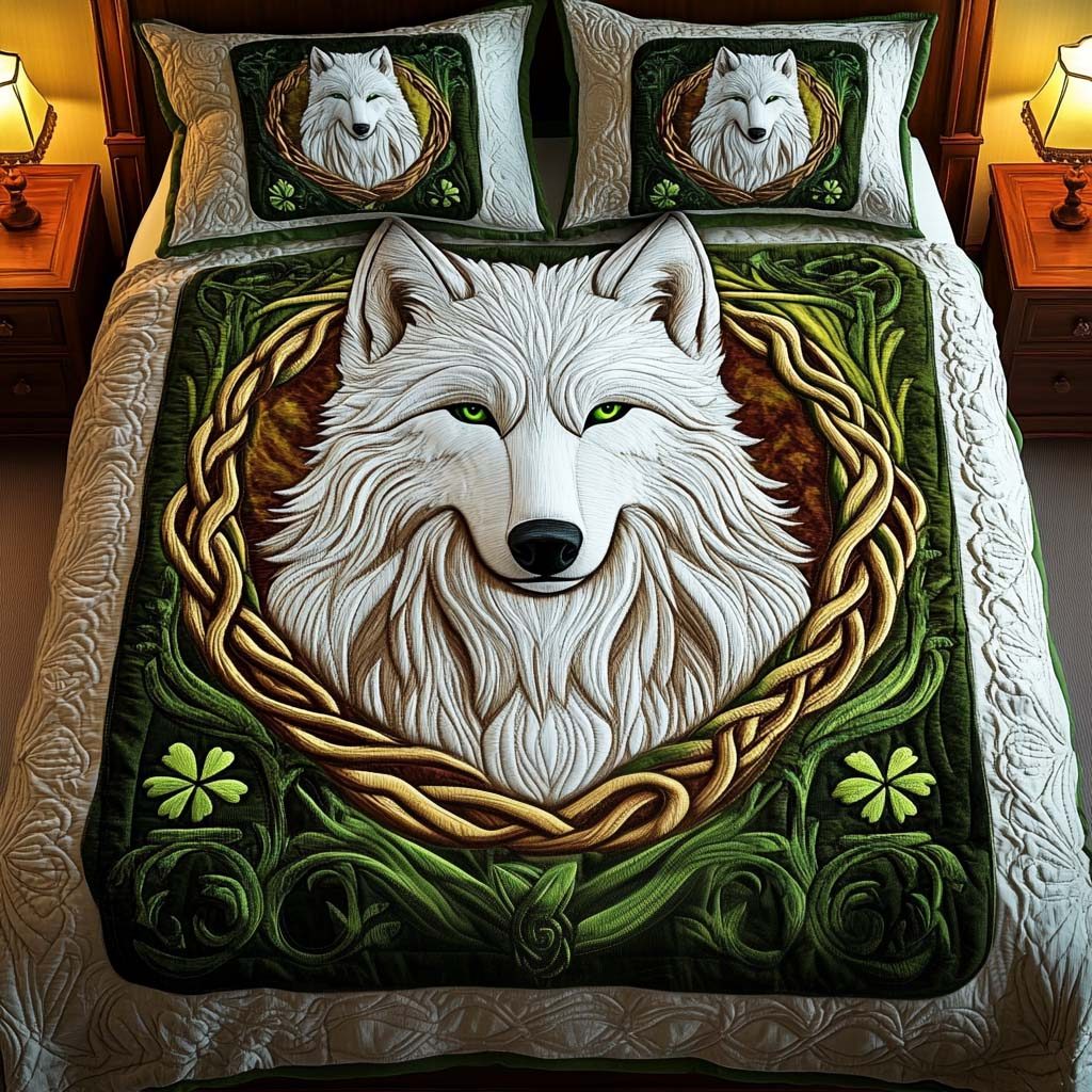 Emerald Gaze quilted 3-piece bedding set on a made bed with two matching pillow shams