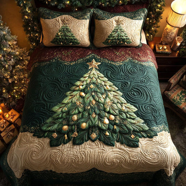 Emerald Glow quilted 3-piece bedding set on a made bed with two matching pillow shams