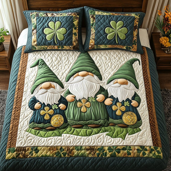 Emerald Gnome Dreams quilted 3-piece bedding set on a made bed in a winter-styled bedroom