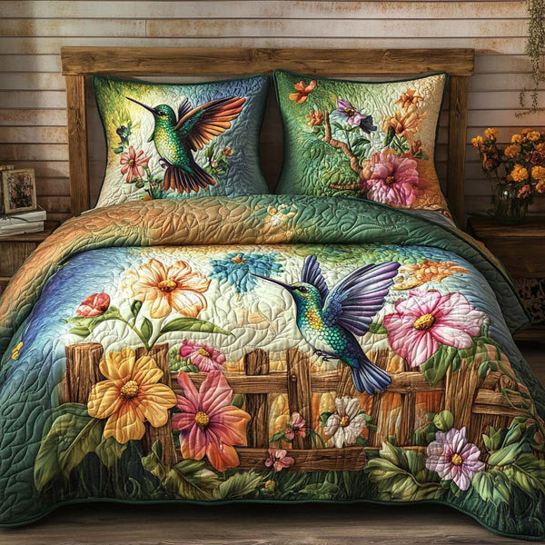 Emerald Grace quilted 3-piece bedding set on a made bed with two matching pillow shams