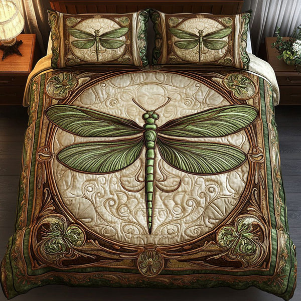 Emerald Grace quilted 3-piece bedding set on a made bed with two matching pillow shams