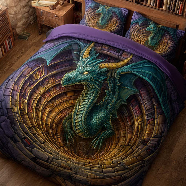 Emerald Guardian quilted 3-piece bedding set on a made bed with two matching pillow shams