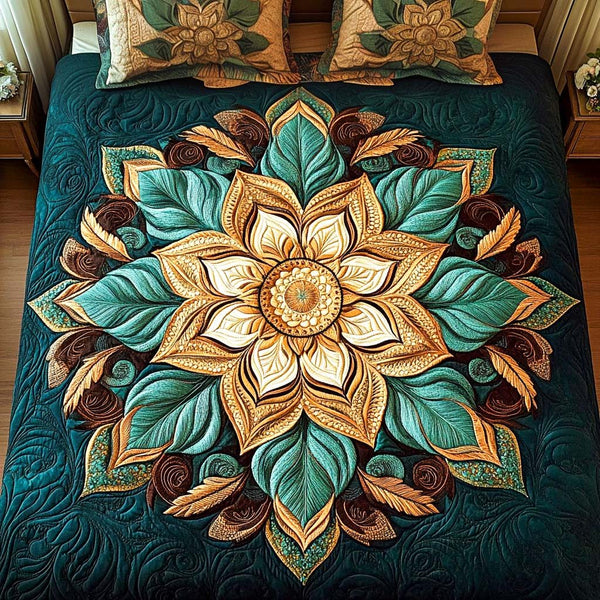 Emerald Harmony quilted 3-piece bedding set on a made bed with two matching pillow shams