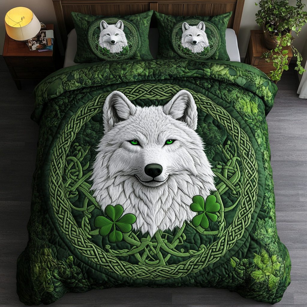 Emerald Howl quilted 3-piece bedding set on a made bed with two matching pillow shams