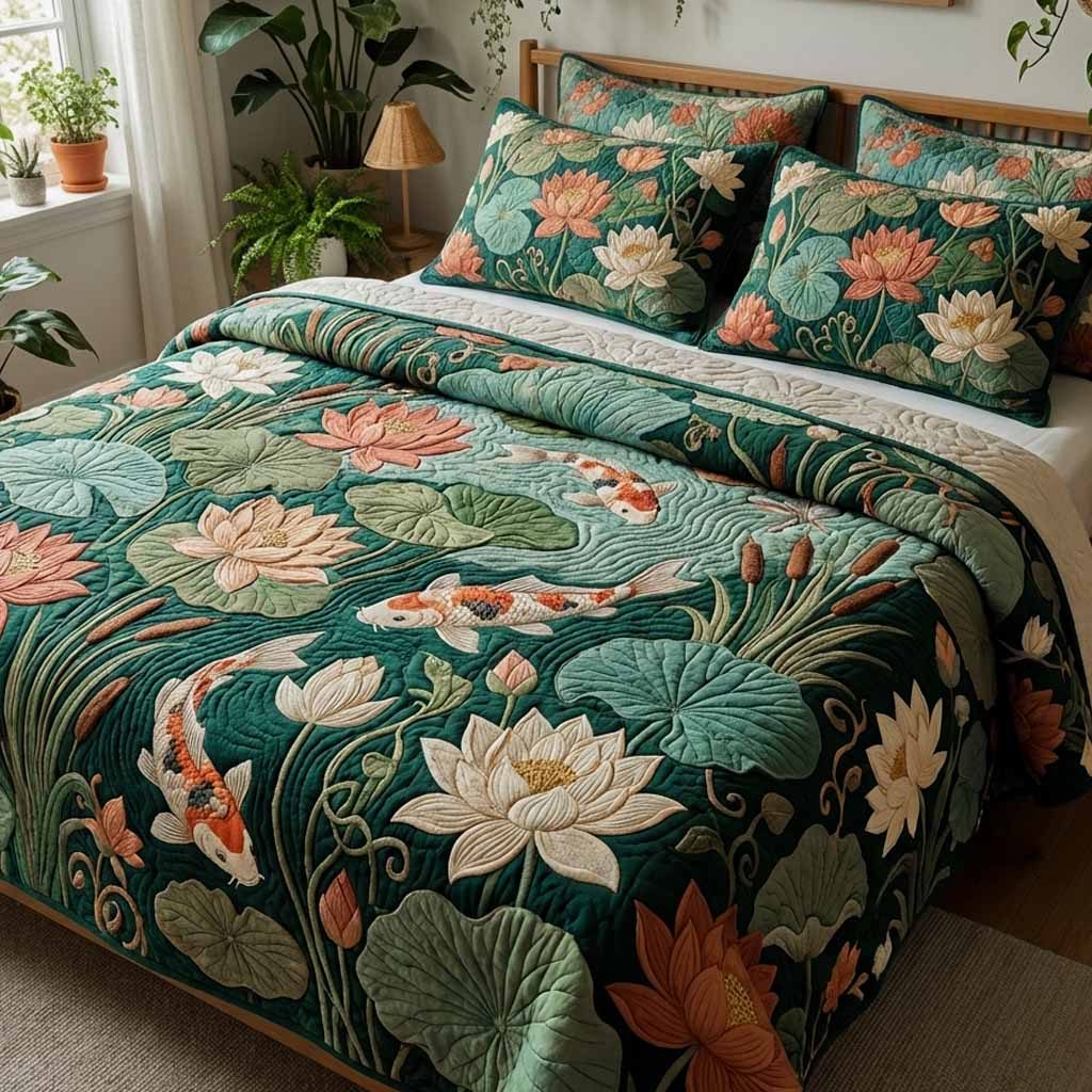 Emerald Lotus quilted 3-piece bedding set on a made bed with two matching pillow shams