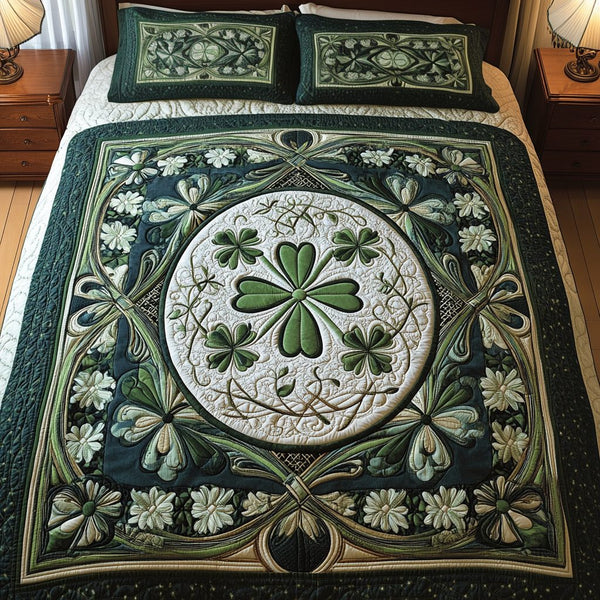 Emerald Luck quilted 3-piece bedding set on a made bed with two matching pillow shams
