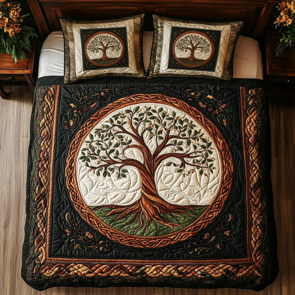 Emerald Luck quilted 3-piece bedding set on a made bed with two matching pillow shams