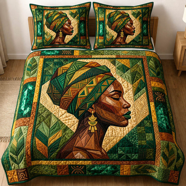 Emerald Melanin quilted 3-piece bedding set on a made bed with two matching pillow shams