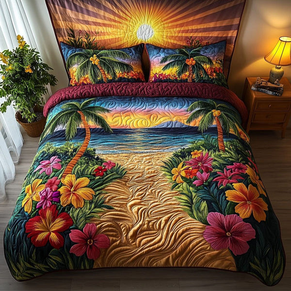 Emerald Oasis quilted 3-piece bedding set on a made bed with two matching pillow shams