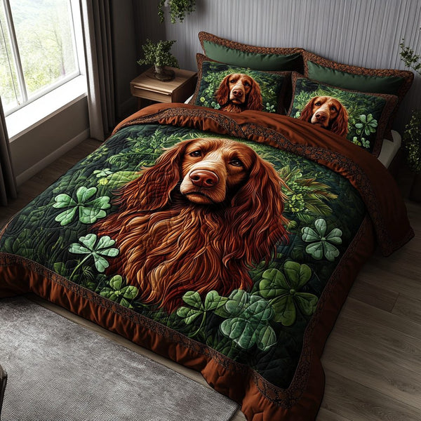 Emerald Pup quilted 3-piece bedding set on a made bed with two matching pillow shams