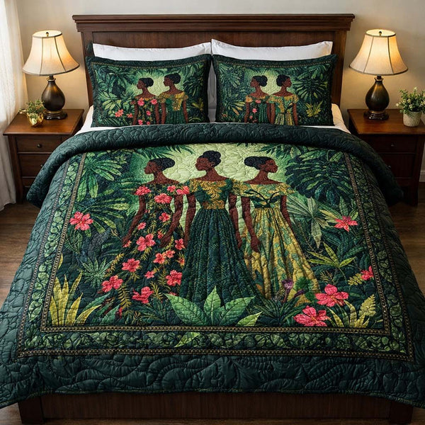 Emerald Queens quilted 3-piece bedding set on a made bed with two matching pillow shams