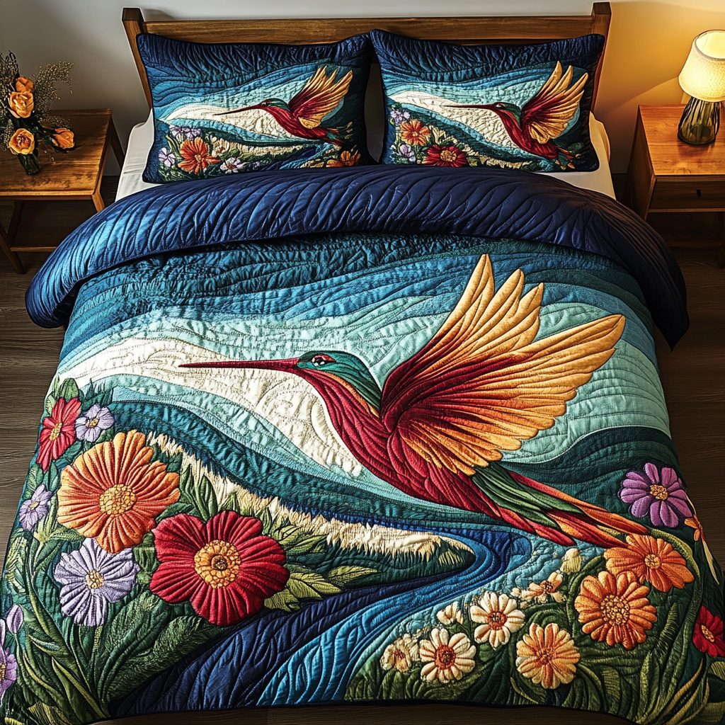 Emerald River Wings quilted 3-piece bedding set on a made bed with two matching pillow shams