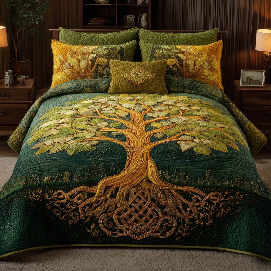 Emerald Roots quilted 3-piece bedding set on a made bed with two matching pillow shams