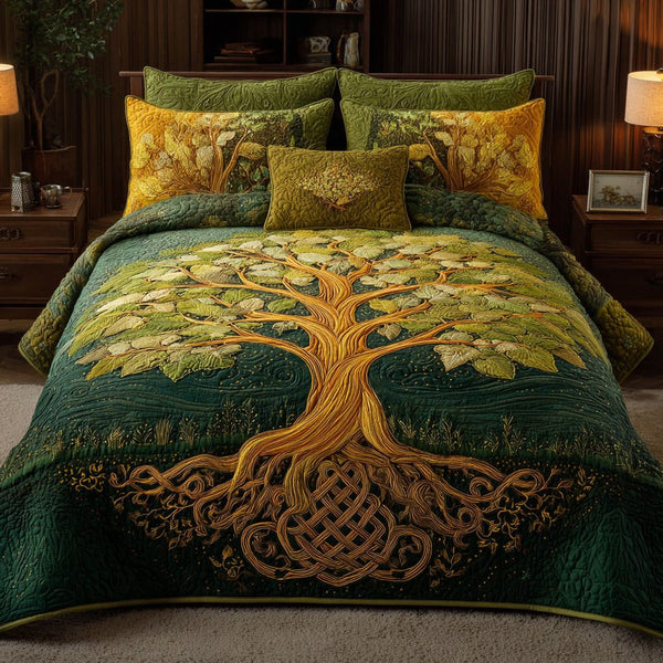Emerald Roots quilted 3-piece bedding set on a made bed with two matching pillow shams