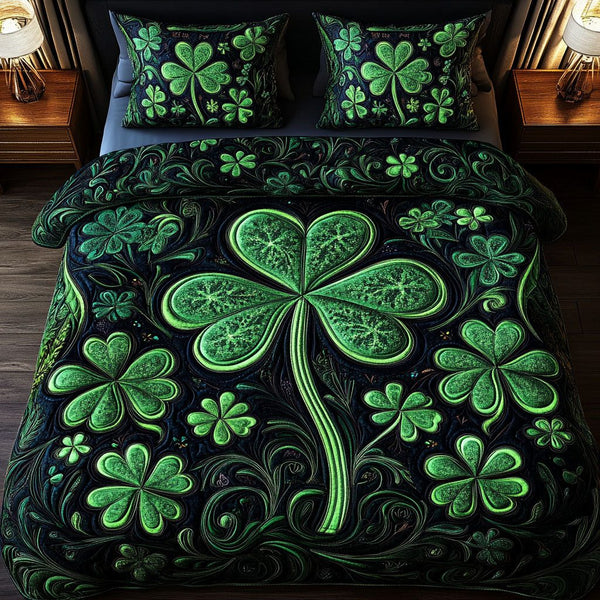Emerald Shamrock Night quilted 3-piece bedding set on a made bed with two matching pillow shams