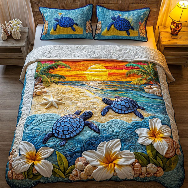 Emerald Shell quilted 3-piece bedding set on a made bed in a light coastal bedroom
