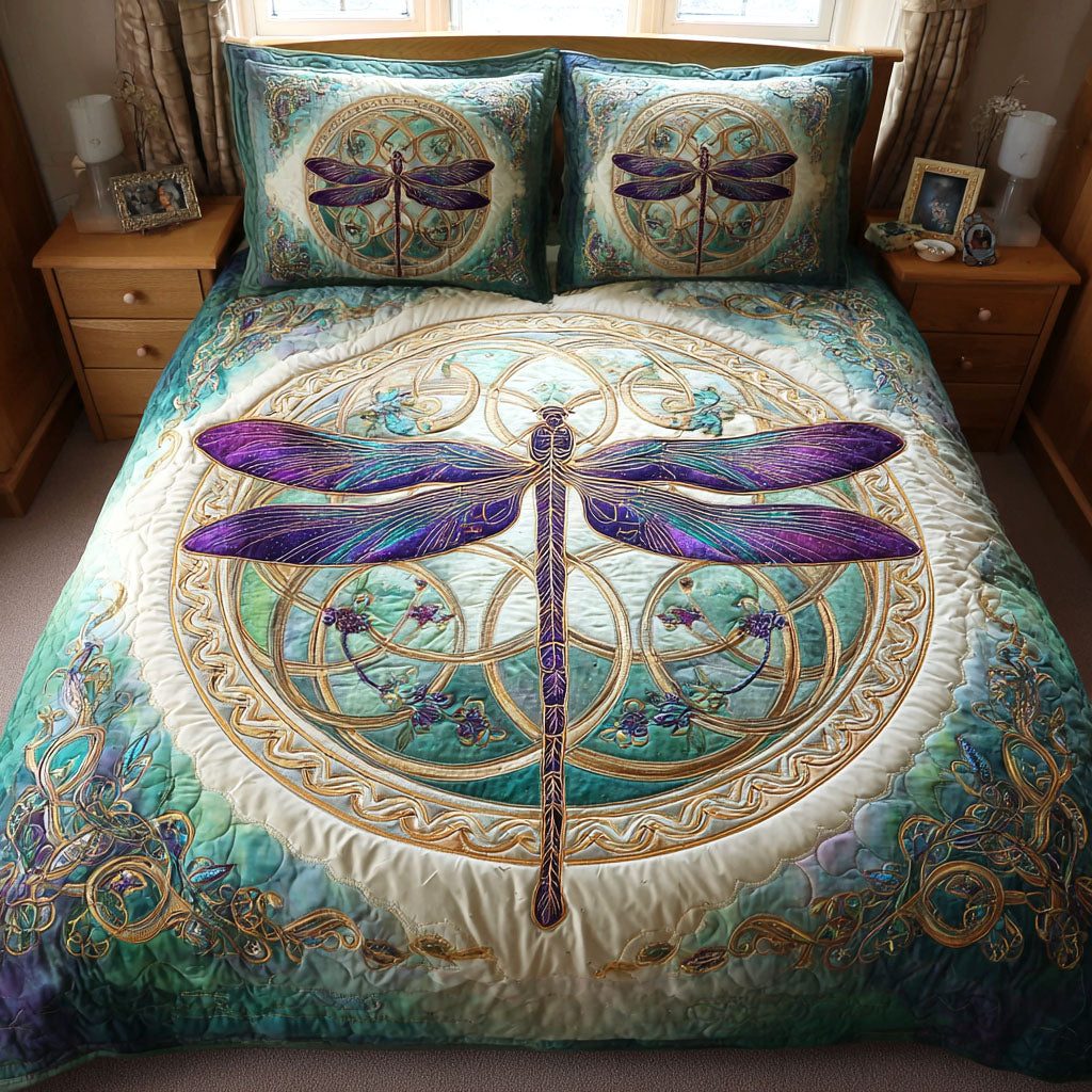 Emerald Spirit quilted 3-piece bedding set on a made bed with two matching pillow shams