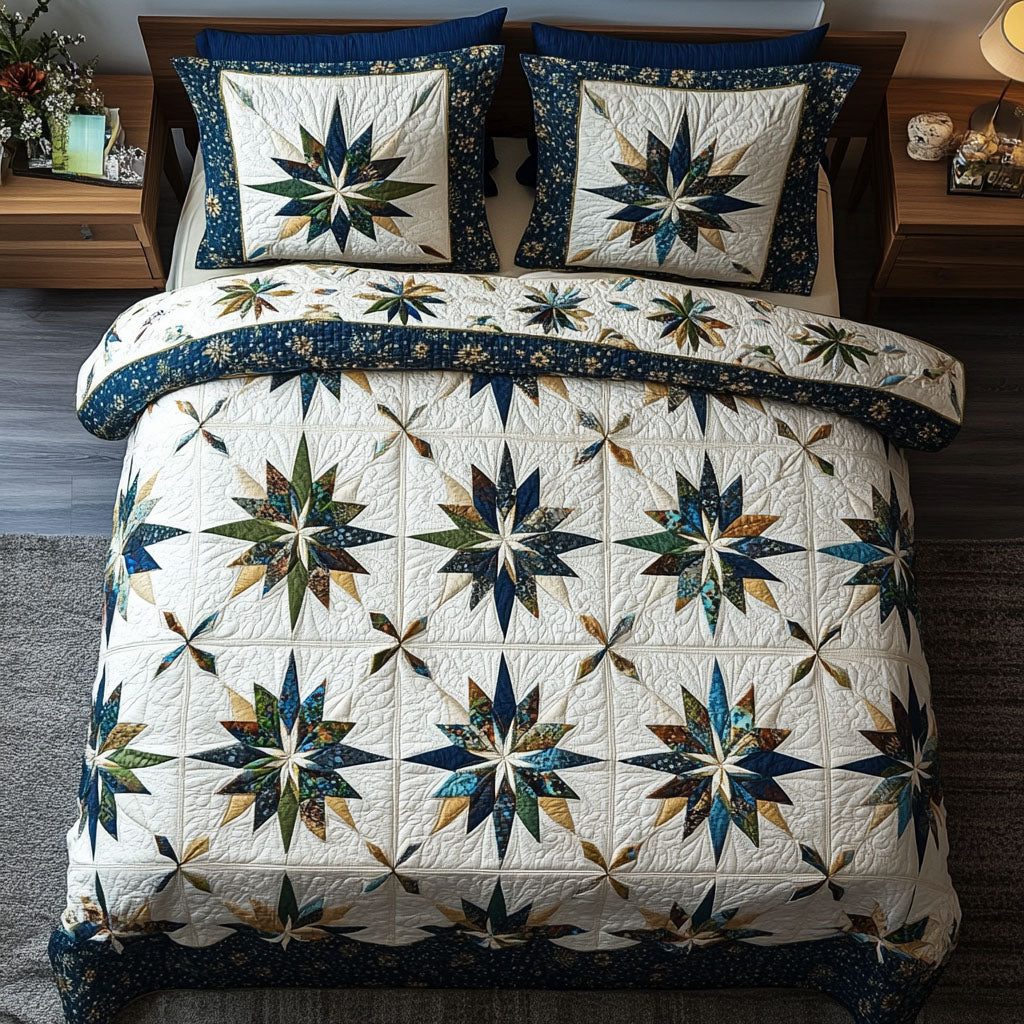 Emerald Star quilted 3-piece bedding set on a made bed with two matching pillow shams