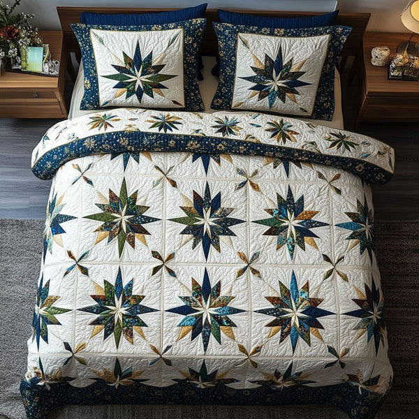 Emerald Star quilted 3-piece bedding set on a made bed with two matching pillow shams