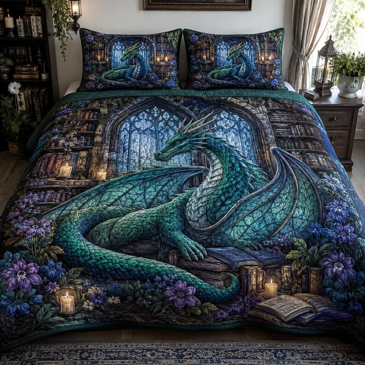 Emerald Storykeeper quilted 3-piece bedding set on a made bed with two matching pillow shams