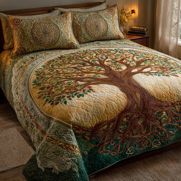 Emerald Tangle quilted 3-piece bedding set on a made bed with two matching pillow shams
