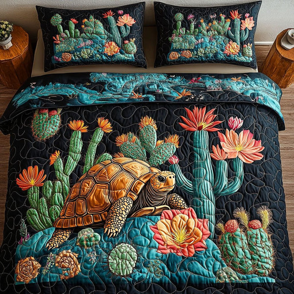Emerald Trek quilted 3-piece bedding set on a made bed with two matching pillow shams