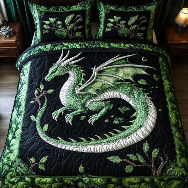 Emerald Wing quilted 3-piece bedding set on a made bed with two matching pillow shams