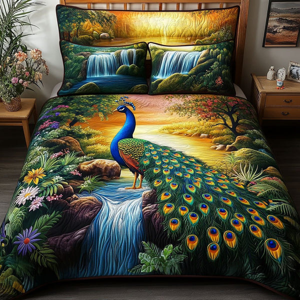 Emerald Wings Across the Land quilted 3-piece bedding set on a made bed with two matching pillow shams