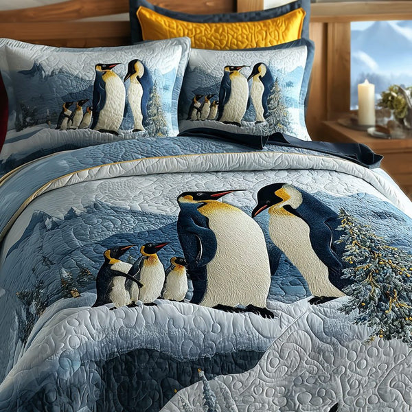 Emperor Penguine Family quilted 3-piece bedding set on a made bed with two matching pillow shams