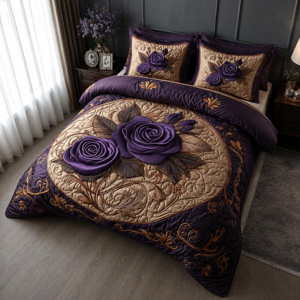 Enchanted Amethyst quilted 3-piece bedding set on a made bed with two matching pillow shams