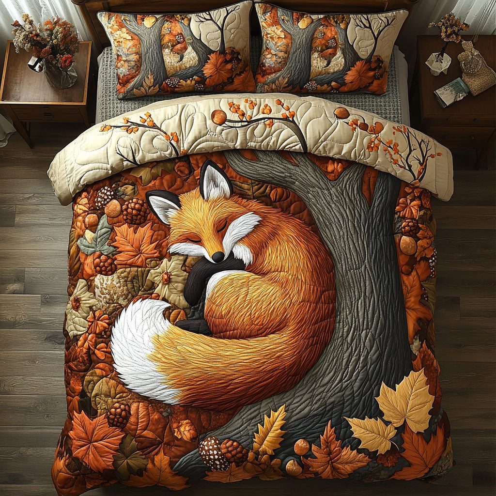 Enchanted Autumn Fox quilted 3-piece bedding set on a made bed with two matching pillow shams