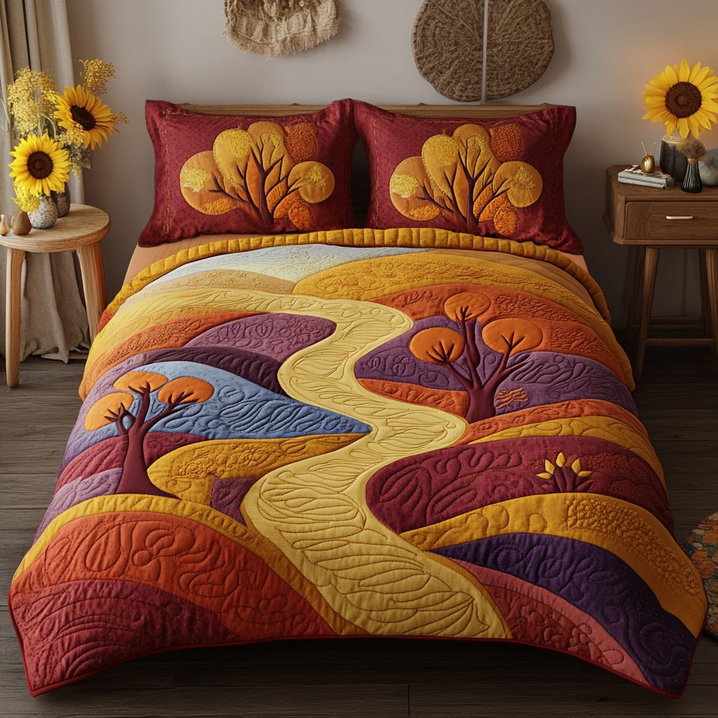 Enchanted Autumn quilted 3-piece bedding set on a made bed with two matching pillow shams