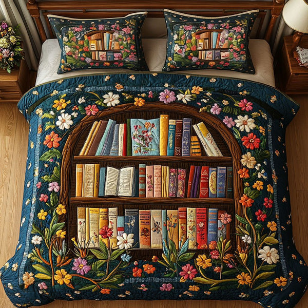 Enchanted Book Haven quilted 3-piece bedding set on a made bed with two matching pillow shams