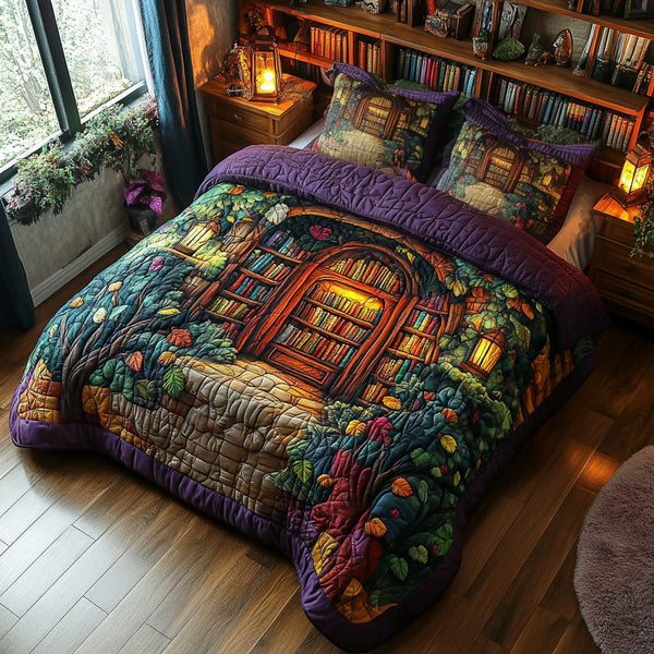 Enchanted Bookshelf quilted 3-piece bedding set on a made bed with two matching pillow shams