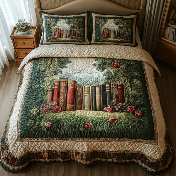 Enchanted Bookshelf quilted 3-piece bedding set on a made bed with two matching pillow shams