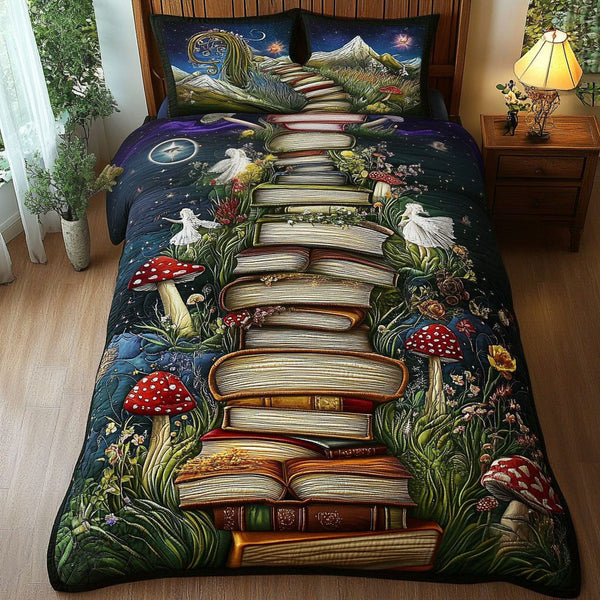 Enchanted Bookshelf quilted 3-piece bedding set on a made bed with two matching pillow shams