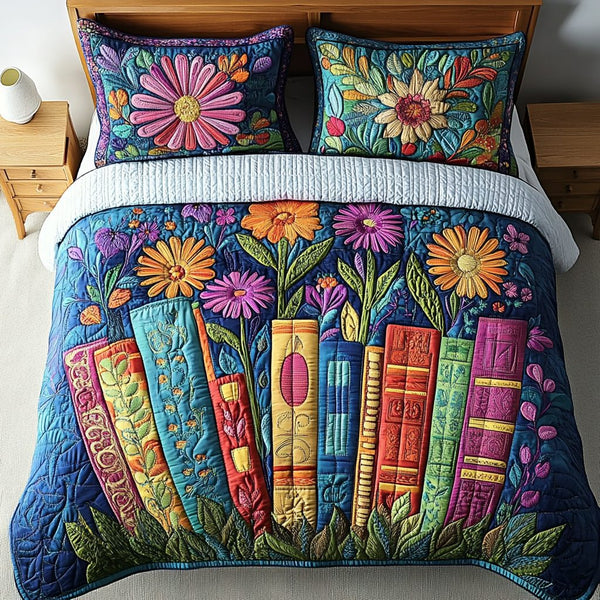 Enchanted Bookshelf quilted 3-piece bedding set on a made bed with two matching pillow shams