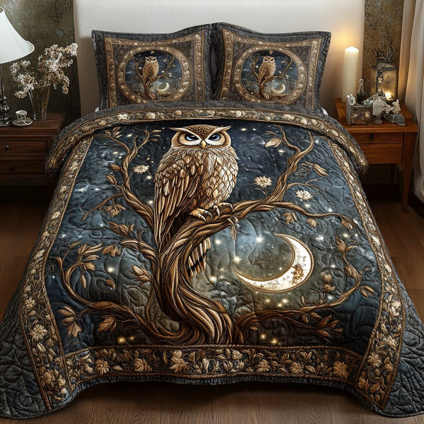 Enchanted Branch quilted 3-piece bedding set on a made bed in a rustic timber bedroom
