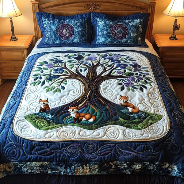 Enchanted Branches quilted 3-piece bedding set on a made bed in a rustic timber bedroom