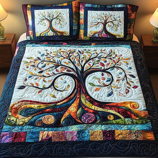 Enchanted Branches quilted 3-piece bedding set on a made bed in a rustic timber bedroom